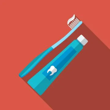 Flat design modern vector illustration of tooth brush and paste icon with lon Stock Illustration
