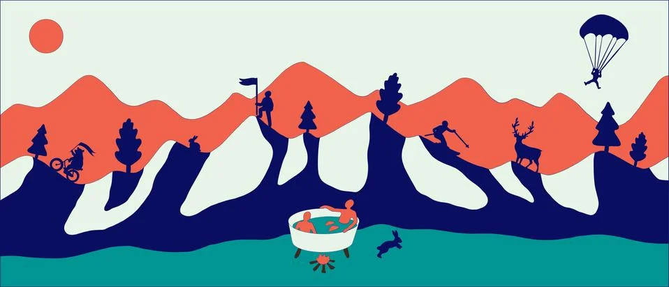 Flat design modern vector illustration, red flat mountains with snow Stock Illustration