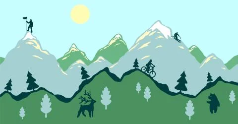 Flat design modern vector illustration, green spring mountains with animals Illustrazione stock