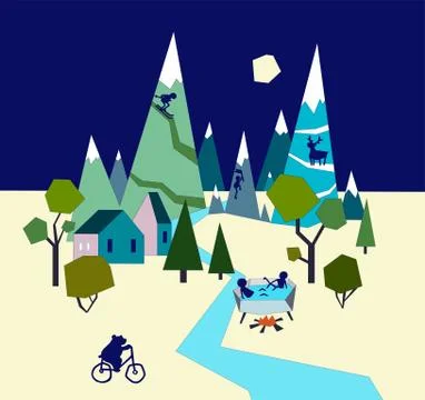 Flat design modern vector illustration, night in a mountains with animals Stock Illustration