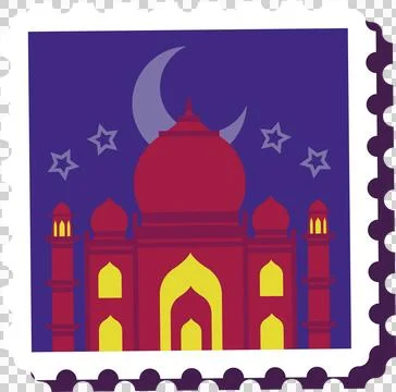 Flat design mosque is showing domes, minarets, moon, stars in jagged stamp 库存插图