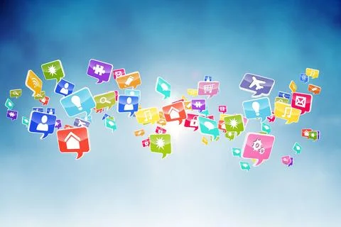 Flat design multicolored speech bubble icons are floating in wave over smooth Illustrazione stock