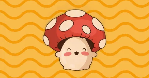 Flat design mushroom bouncing swaying under emerging orange waves to create Video stock 315526383