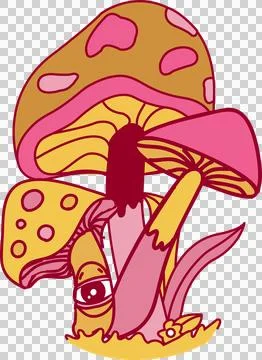 Flat design mushrooms are featuring dripping caps, eye motif, grass patch on Ilustración de archivo