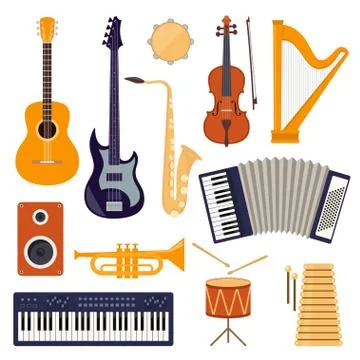 Flat design musical instruments, set of icons. Guitar, synthesizer, violin, c Stock Illustration