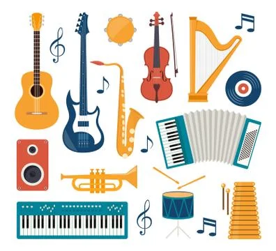Flat design musical instruments, set of icons. Guitar, synthesizer, violin, c Stock Illustration