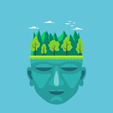 Flat design of nature on a  man's head Stock Illustration
