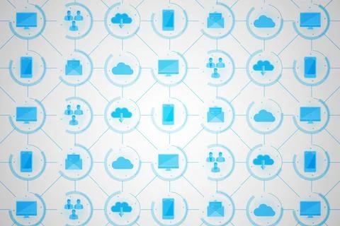 Flat design network of circular nodes is showing technology icons on gray Stockillustratie