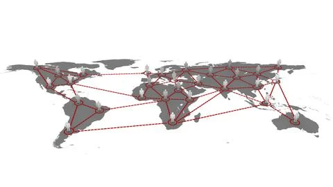 Flat design network is connecting white 3D silhouettes on gray world map with Stock Photos