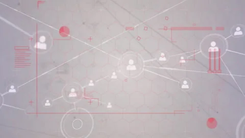 Flat design network diagram connecting white user nodes over hex mesh, featuring Stock Footage 309112968