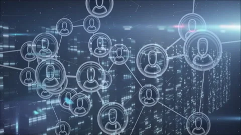 Flat design network interface showing linking avatar icons streaming data, Stock Footage 309285227