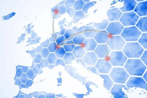 Flat design network map showing Europe silhouette with blue hexgrid, red nodes, Illustrazione stock