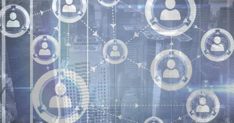 Flat design network overlay being visualized over city skyline, featuring user Stock Footage 309092613