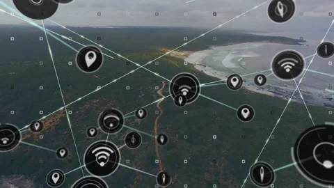 Flat design network overlay showing glowing WiFi and map pin icons linking above Stock Footage 308678021