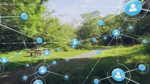 Flat design network overlay spreading across park pathway featuring blue user Video stock 308025558