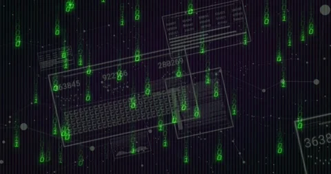 Flat design network showing cascading binary digits with floating keyboard Stock Footage 328524407