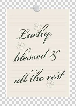 Flat design note pinned by pushpin is showing cursive phrase with clovers on Illustrazione stock