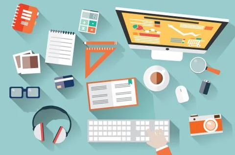 Flat design objects, work desk, long shadow, office desk, computer and statio Stock Illustration