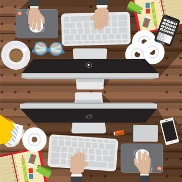 Flat Design Of Office Worker Desk With Office Supply Vector Illustration Stock Illustration
