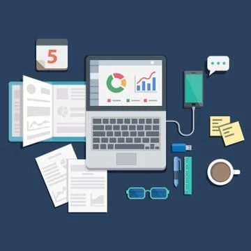 Flat design of office workplace with laptop Stock Illustration