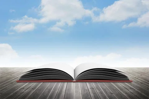 Flat design open book with blank pages is lying on wooden deck under sky with Stock Illustration