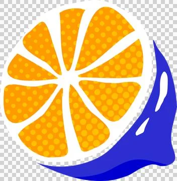 Flat design orange slice is showing rind, dotted pattern and blue splash on Illustrazione stock