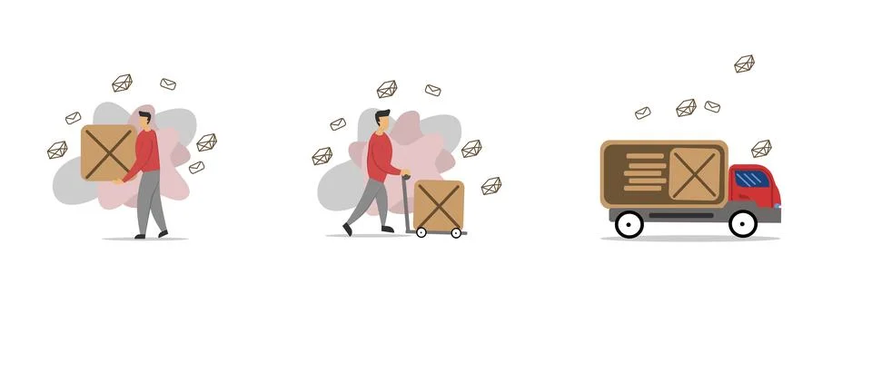 Flat design of the order package delivery process Stockillustratie