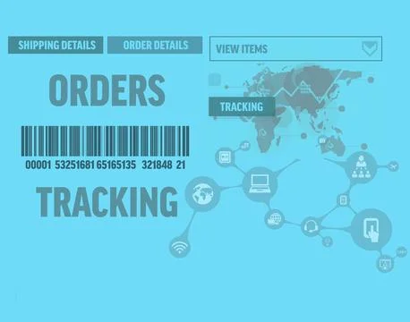 Flat design order tracking UI is showing barcode under ORDERS with menu buttons Stock Illustration