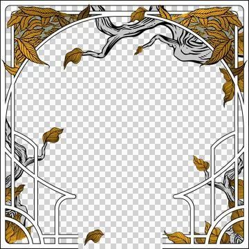 Flat design ornamental frame is showing white branches, golden leaves on clear Stockillustratie