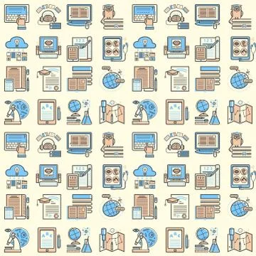 Flat design outline seamless pattern background education tutorials staff Stock Illustration