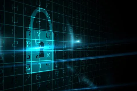 Flat design padlock icon is glowing over code grid while light streaks are Stock Illustration