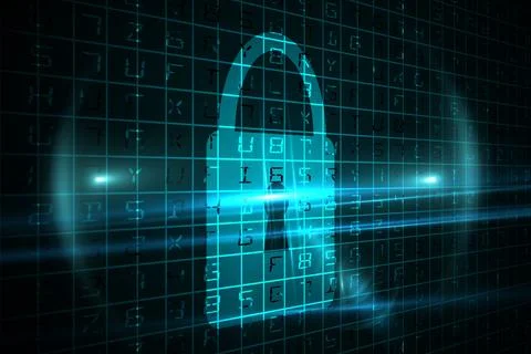 Flat design padlock icon is glowing over code grid while neon beams are Stock-Illustration