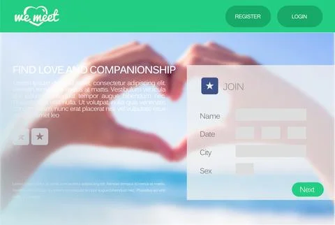 Flat design page is featuring heart logo, beach hands forming heart, join form Stock Illustration
