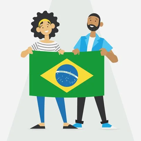 Flat design of a pair of people holding flag of Brazil Vector Ilustração Stock