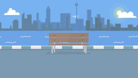 Flat design park bench by the water with city view Stock Footage 340471515