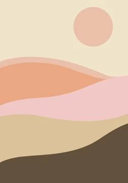 Flat design pastel waves or hills on landscape with sun. Simple template with Stock Illustration