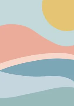 Flat design pastel waves or hills on landscape with sun. Minimal landscape pa Stock Illustration