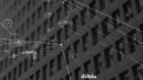 Flat design pattern showing network overlaying office facade, featuring circular Stock Footage 309105435