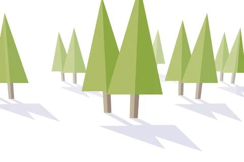 Flat design pine tree is standing among green brown-trunked trees on white, Stock Illustration