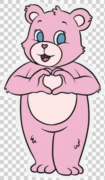 Flat design pink teddy bear is standing on transparent background, forming heart 库存插图