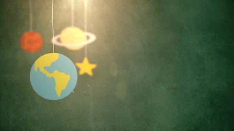 Flat design planets falling down hanging on string green background star earth Stock Footage 96209104