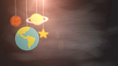 Flat design planets falling down hanging on string black background star earth Stock Footage 96209834
