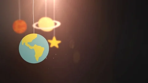 Flat design planets falling down hanging on string black background star earth Stock Footage 96211289