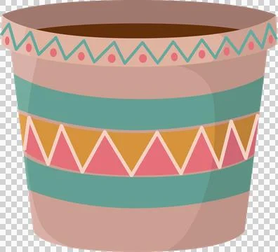 Flat-design planter pot is resting on transparent backdrop, showing brown soil Stock Illustration