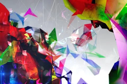 Flat design polygonal shards are swirling in gradient background with network Illustrazione stock