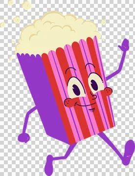 Flat design popcorn box is skipping with bouncing kernels on transparent Stock Illustration
