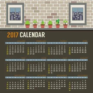 Flat Design Pot Plants With Windows Show Outside View On Brick Wall 2017 Prin Stock-Illustration
