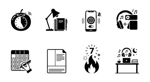 Flat design productivity and study icons set with time management and learning Stock Illustration