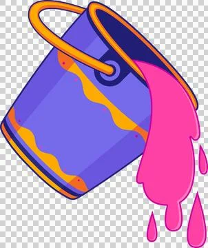 Flat-design purple handled bucket is pouring pink paint drips on transparent Illustration