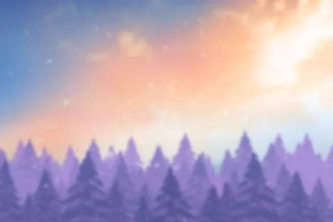 Flat design purple pine silhouettes are spanning frame, soft gradient sky, wispy Illustrazione stock